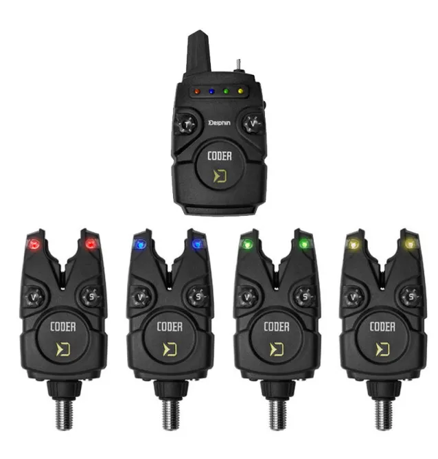 Delphin Coder 4+1 Funk-Bissanzeiger Set inklusive Transportkoffer Multi Color Bite Alarm-Bissanzeiger & Bobbins-JJ-Fishing