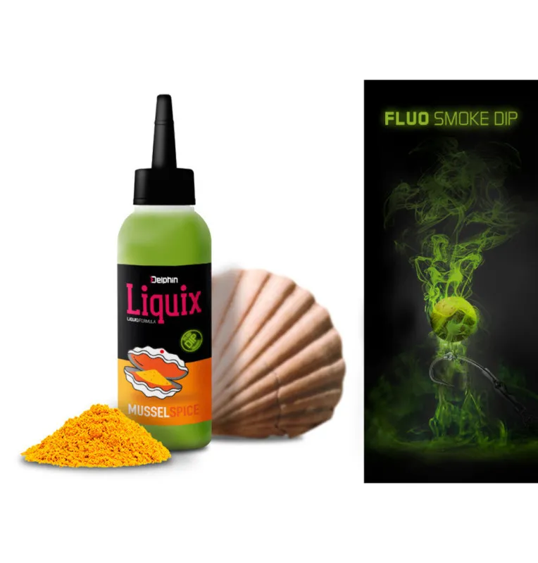Delphin D SNAX Fluo LiquiX Smoke Mussel Spice Liquid 100ml PVA Friendly Rauchwolken unter Wasser-Köder-JJ-Fishing