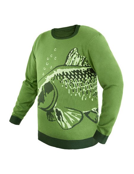 Delphin CARP Strickpullover M grün Extra Warm mit Karpfenmotiv-Hoodie, Shirts, Jacken & Co-JJ-Fishing