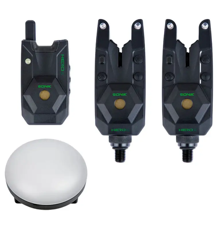 Sonik HEROX Bite Alarm Set 2+1 + Bivvy Lamp Funk Bissanzeiger Set mit Transportkoffer-Bissanzeiger & Bobbins-JJ-Fishing