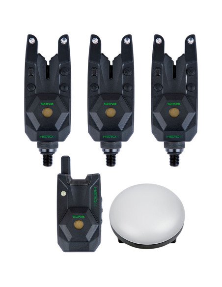Sonik HEROX BITE ALARM SET 3+1 + Bivvy Lamp Funk Bissanzeiger Set mit Transportkoffer-Bite Alarms & Bobbins-JJ-Fishing