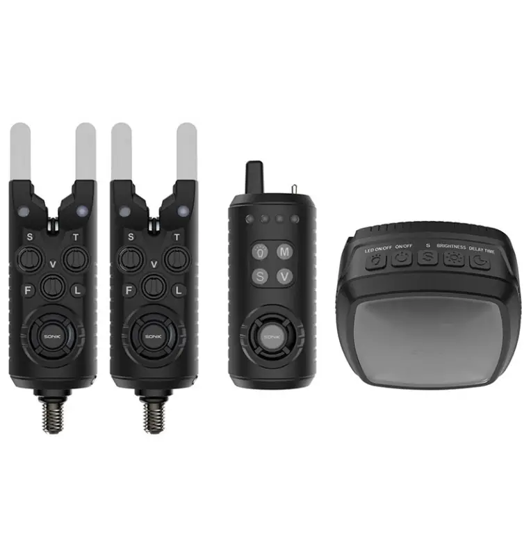 Sonik GIZMO 2 Bite Alarm Set 2+1 + Bivvy Light Bissanzeiger Set mit Transportkoffer-Bissanzeiger & Bobbins-JJ-Fishing