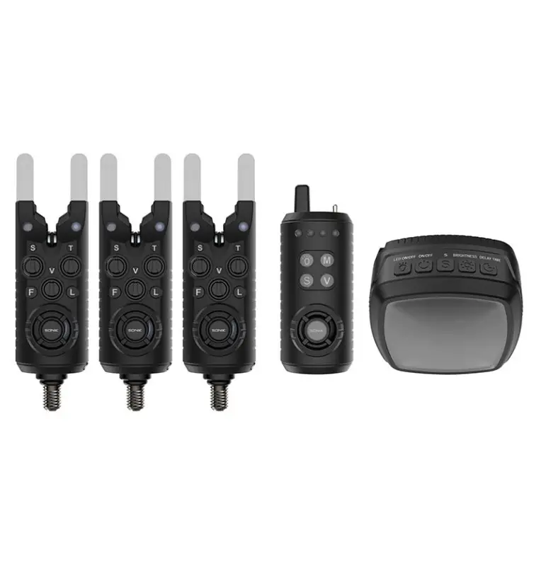 Sonik GIZMO 2 Bite Alarm Set 3+1 + Bivvy Light Bissanzeiger Set mit Transportkoffer-Bissanzeiger & Bobbins-JJ-Fishing