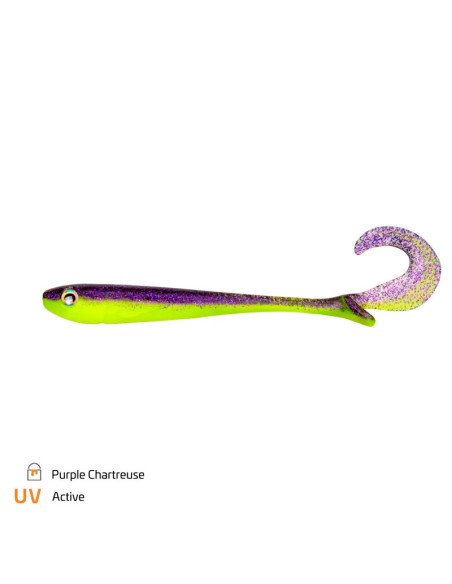 Zeck Fishing Baby Butcher 10cm Purple Chartreuse 4 Stk. 7,2g Extremes Laufverhalten Twister Schaufelschwanz Spinnfischen-Rubb...