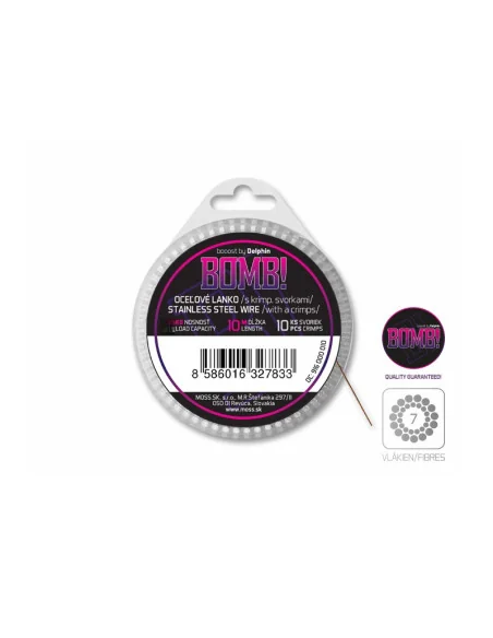Delphin BOMB! Stahldraht 10m/14kg mit Crimps 7 Edelstahlfäden Raubfisch Vorfachmaterial Stahlvorfächer