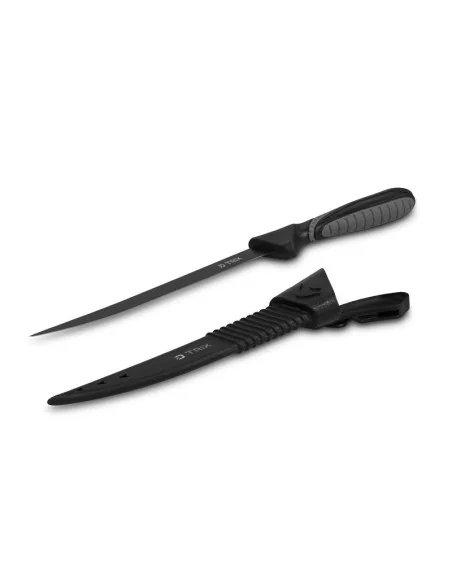 Delphin TRIX 17,5cm Filetiermesser Extra Scharf Angelmesser Black Edition mit Kunststoffscheide