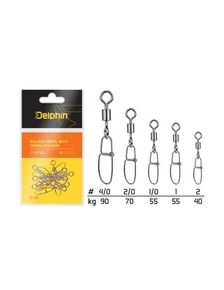 Delphin Rolling Sqivel 1  55Kg Crosslock Snap 10 Stück Extra Sicherer Angel Karabiner mit Wirbel